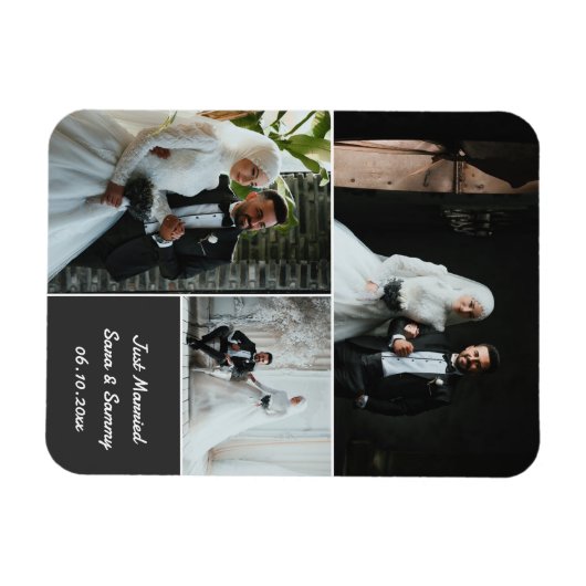 エレガントなウェディングフォトコラージュと名前をカスタムする マグネット (横)