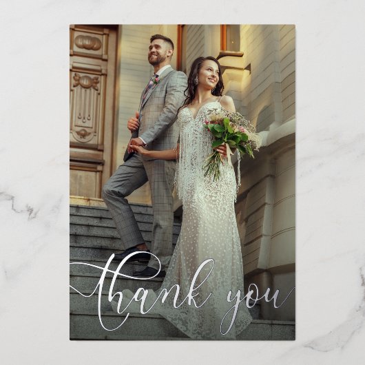 エレガントなウェディングフォトシルバーフォイルサンキューカード 箔招待状 (正面)