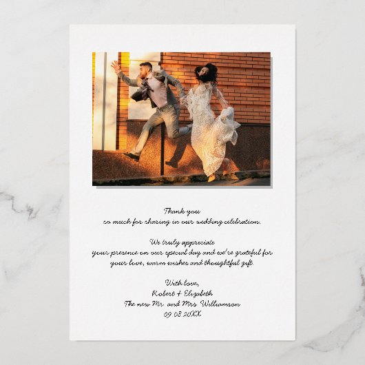 エレガントなウェディングフォトシルバーフォイルサンキューカード 箔招待状