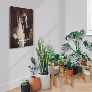 エレガントなウェディングフォトスクリプトカップルの名前と日付 キャンバスプリント