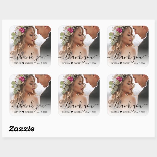 エレガントなウェディングフォトスクリプトハートありがとう スクエアシール (シート)