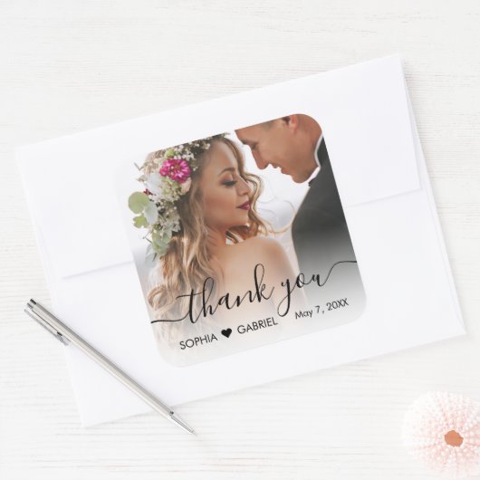 エレガントなウェディングフォトスクリプトハートありがとう スクエアシール (封筒)