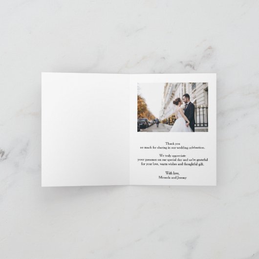 エレガントなウェディングフォト折り畳み感謝 ノートカード (内部)
