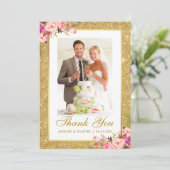 エレガントなウェディングフォト金ゴールドグリッターピンクフローラ サンキューカード (スタンド正面)