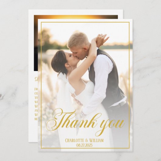 エレガントなウェディングフォト金ゴールドスクリプト サンキューカード (正面/裏面)