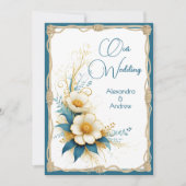 エレガントなウェディングフローラブルーのシアン白い花 招待状 (正面)