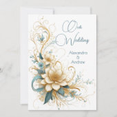 エレガントなウェディングフローラブルー白い花 招待状 (正面)