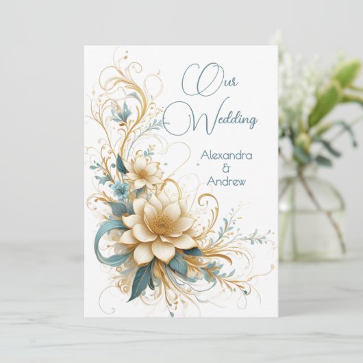 エレガントなウェディングフローラブルー白い花 招待状 (スタンド正面)