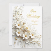 エレガントなウェディングフローラ金ゴールド白い花 招待状 (正面)