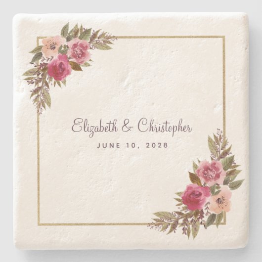 エレガントなウェディングブライド&グルームウォーターカラーフローラ ストーンコースター (正面)