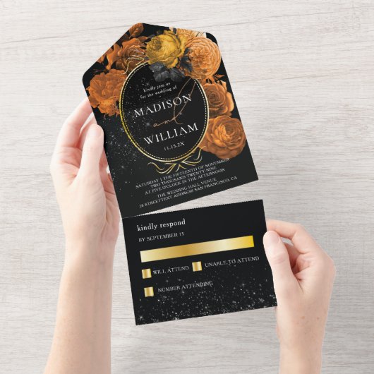 エレガントなウェディングブラックとオレンジのフローラ オールインワン招待状 (貼ってはがせる)