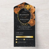 エレガントなウェディングブラックとオレンジのフローラ オールインワン招待状 (内側)