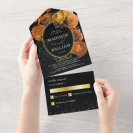 エレガントなウェディングブラックとオレンジのフローラ オールインワン招待状