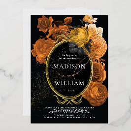 エレガントなウェディングブラックとオレンジのフローラ 箔招待状