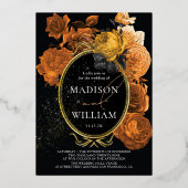 エレガントなウェディングブラックとオレンジのフローラ 箔招待状 (正面)