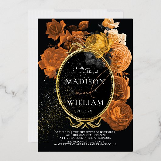 エレガントなウェディングブラックとオレンジのフローラ 箔招待状 (封筒)
