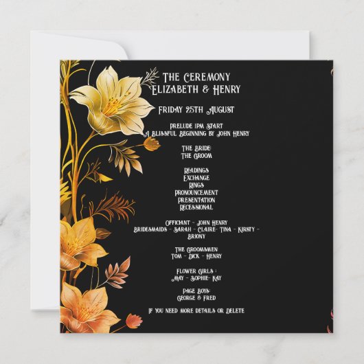 エレガントなウェディングブラックと金ゴールドフローラ招待状 招待状 (正面)