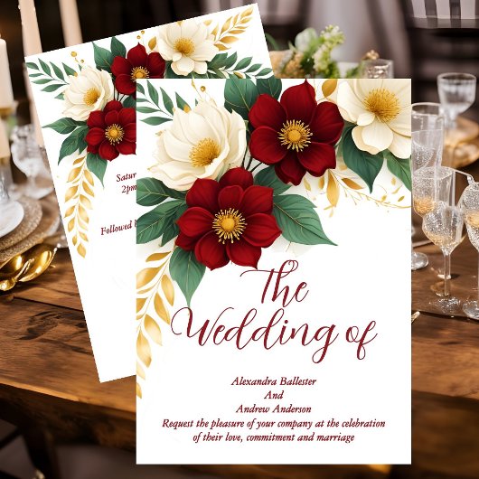 エレガントなウェディングブルゴーニュ白い金ゴールド花 招待状