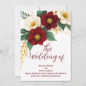 エレガントなウェディングブルゴーニュ白い金ゴールド花 招待状 (正面)