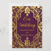 エレガントなウェディングブルゴーニュ華美金ゴールドフレームフローラ 招待状 (正面)