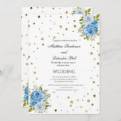 エレガントなウェディングブルーの花金ゴールド星 招待状 (正面/裏面)