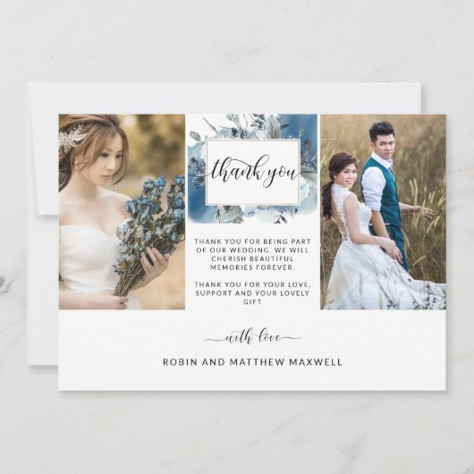 エレガントなウェディングブルーウォーターの色のフローラ写真 サンキューカード (正面)