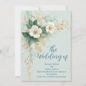 エレガントなウェディングブルーグリーンホワイト金ゴールド花 招待状 (正面)