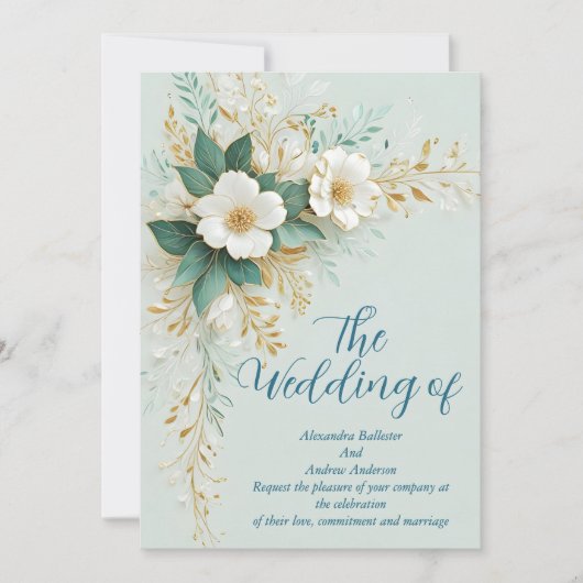 エレガントなウェディングブルーグリーンホワイト金ゴールド花 招待状 (正面)