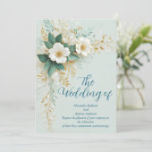 エレガントなウェディングブルーグリーンホワイト金ゴールド花 招待状 (スタンド正面)
