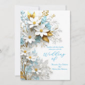 エレガントなウェディングブルーホワイトレース金ゴールド花 招待状 (正面)