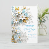 エレガントなウェディングブルーホワイトレース金ゴールド花 招待状 (スタンド正面)