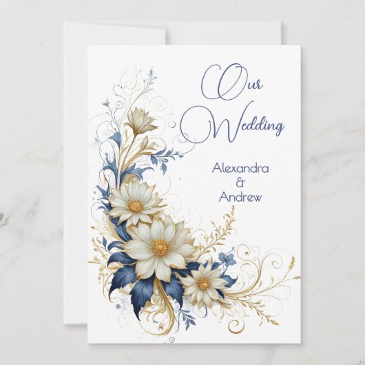 エレガントなウェディングブルーホワイト金ゴールド花 招待状 (正面)