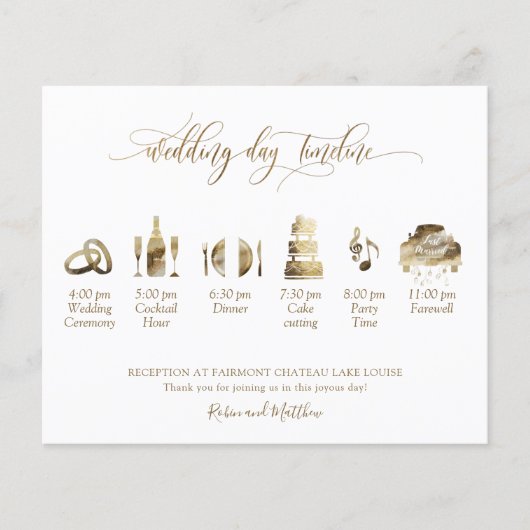 エレガントなウェディングプログラムと金ゴールドのタイムライン (正面)
