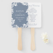 エレガントなウェディングプログラムファン |葉 |ほこりっぽい青 ハンドファン (正面&裏面)