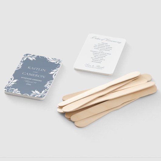 エレガントなウェディングプログラムファン |葉 |ほこりっぽい青 ハンドファン (組立なし)