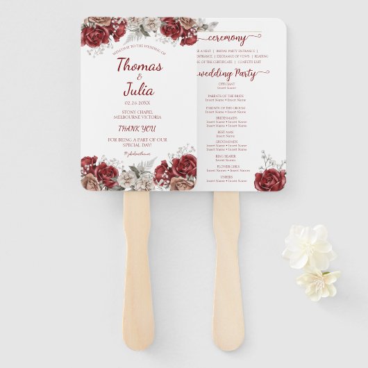 エレガントなウェディングプログラムブルゴーニュ&シルバーフローラ ハンドファン (正面&裏面)