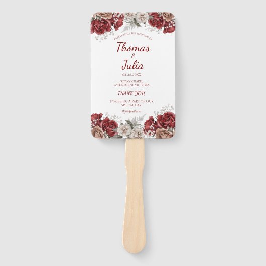 エレガントなウェディングプログラムブルゴーニュ&シルバーフローラ ハンドファン (正面)