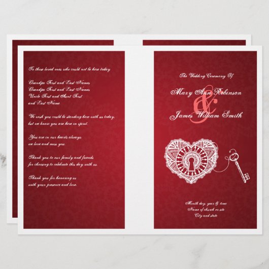 エレガントなウェディングプログラム鍵へ私のハートレッド (正面/裏面)
