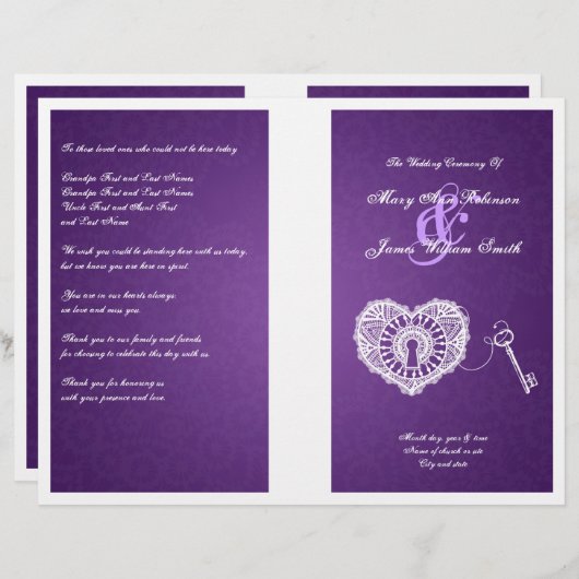 エレガントなウェディングプログラム鍵へ私のハート紫 (正面/裏面)