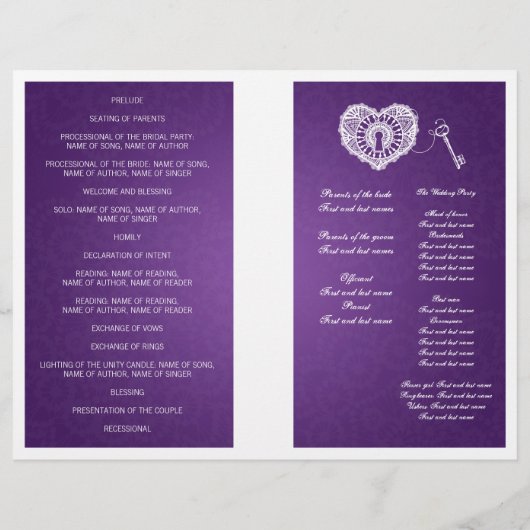エレガントなウェディングプログラム鍵へ私のハート紫 (裏面)