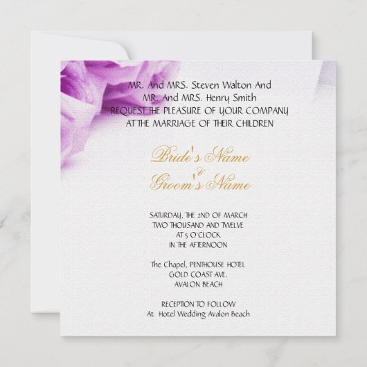 エレガントなウェディングホワイトパープルバラドーブベル 招待状 (裏面)