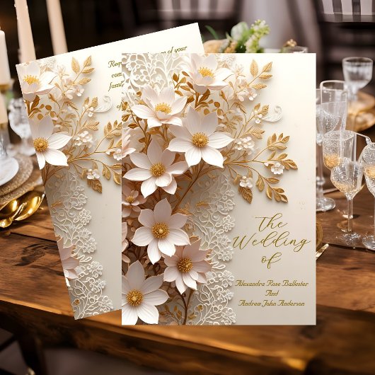 エレガントなウェディングホワイトレース金ゴールドピンクの花 招待状