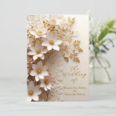 エレガントなウェディングホワイトレース金ゴールドピンクの花 招待状 (スタンド正面)