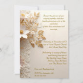 エレガントなウェディングホワイトレース金ゴールドピンクの花 招待状 (裏面)