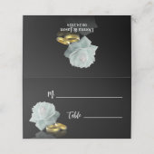 エレガントなウェディングホワイトローズ金ゴールドリングや輪ブラックスクリプト プレイスカード (外部開封)