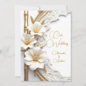 エレガントなウェディングホワイト金ゴールドダイヤモンドフローラ竹 招待状 (正面)