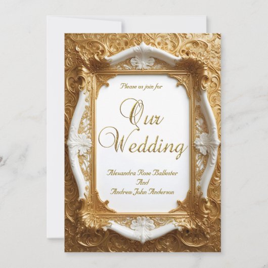 エレガントなウェディングホワイト金ゴールド華美フレーム 招待状 (正面)