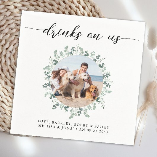 エレガントなウェディングモダンドリンクOn Us Photo Pet Dog スタンダードカクテルナプキン