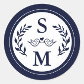 エレガントなウェディングモダンモノグラムネイビーブルー ラウンドシール (正面)