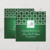 エレガントなウェディングモノグラムトレリスパターン 緑 招待状 (正面/裏面)